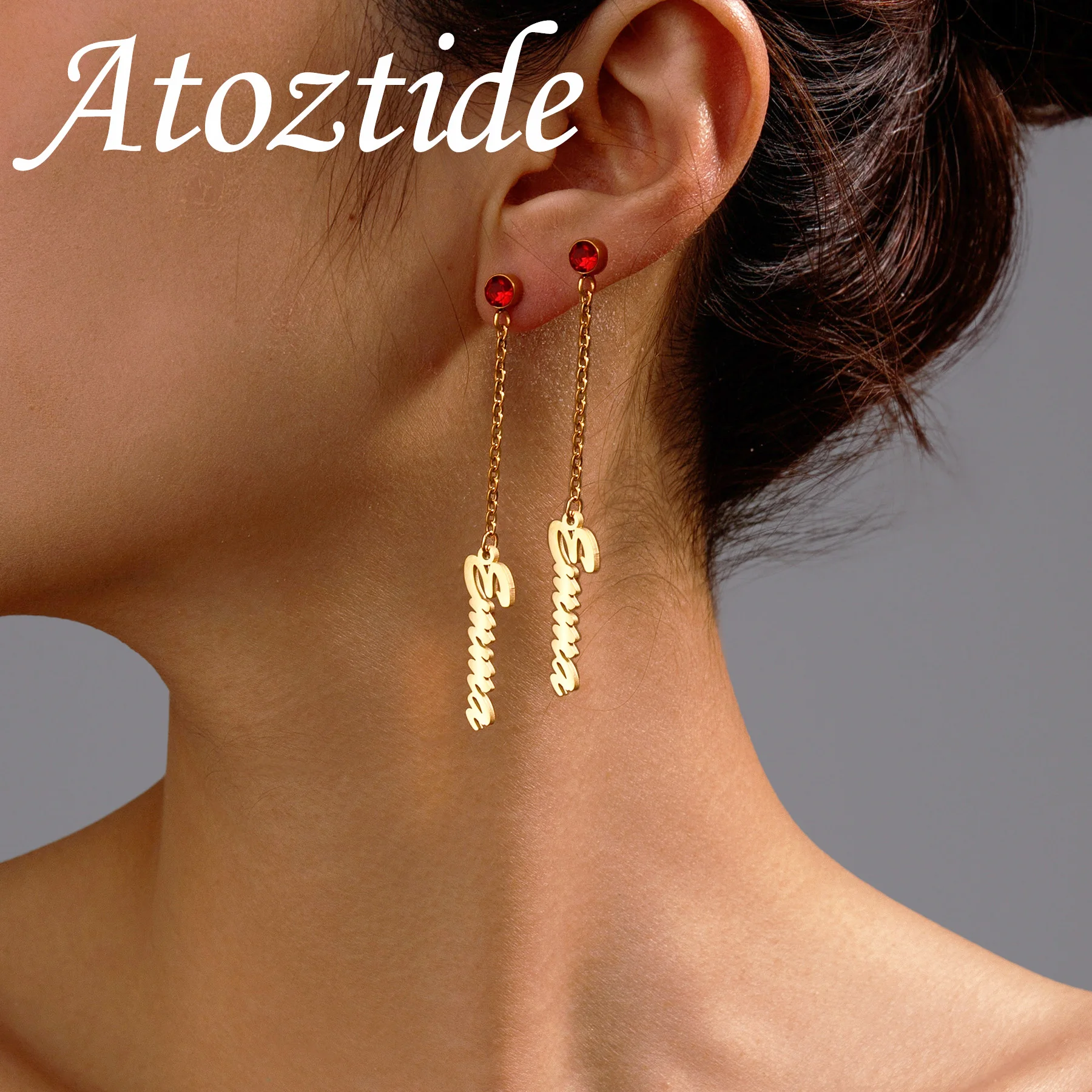 Atoztide Custom Name Stud Earring For Women with Birthstone Stainless Steel Jewelry Vertical Letter Personalized Birthday Gift