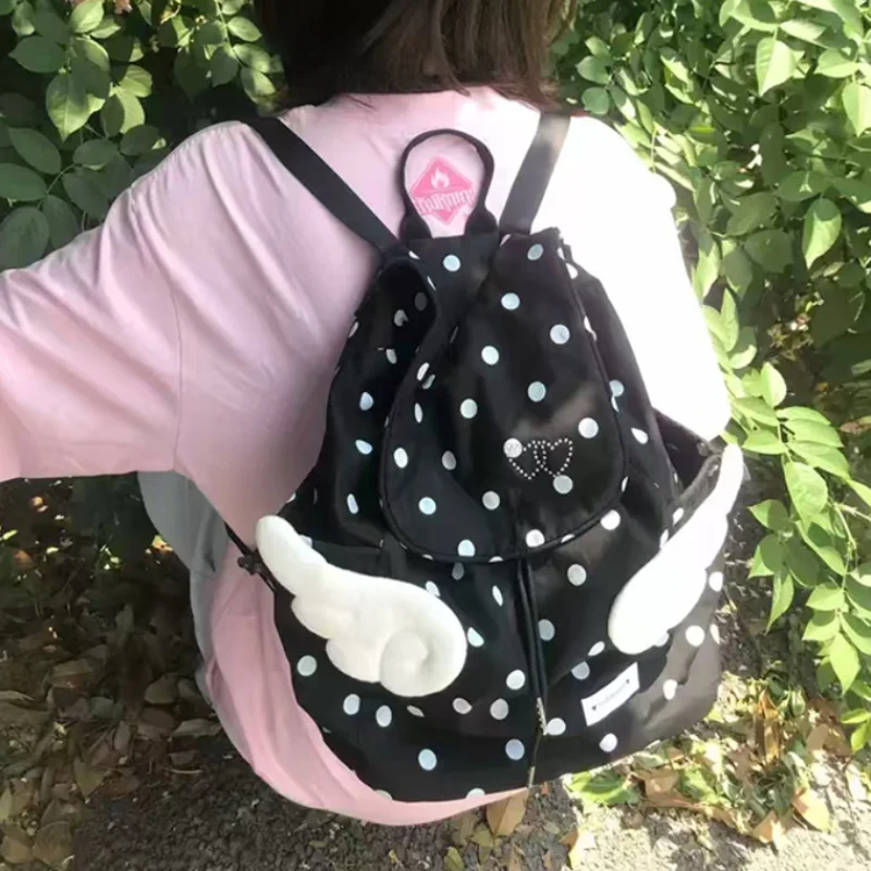 Y2k Angel Wings Backpack Fashion Nylon Polka Dot Print Drawstring Bag Stylish Harajuku Preppy Style Backpack