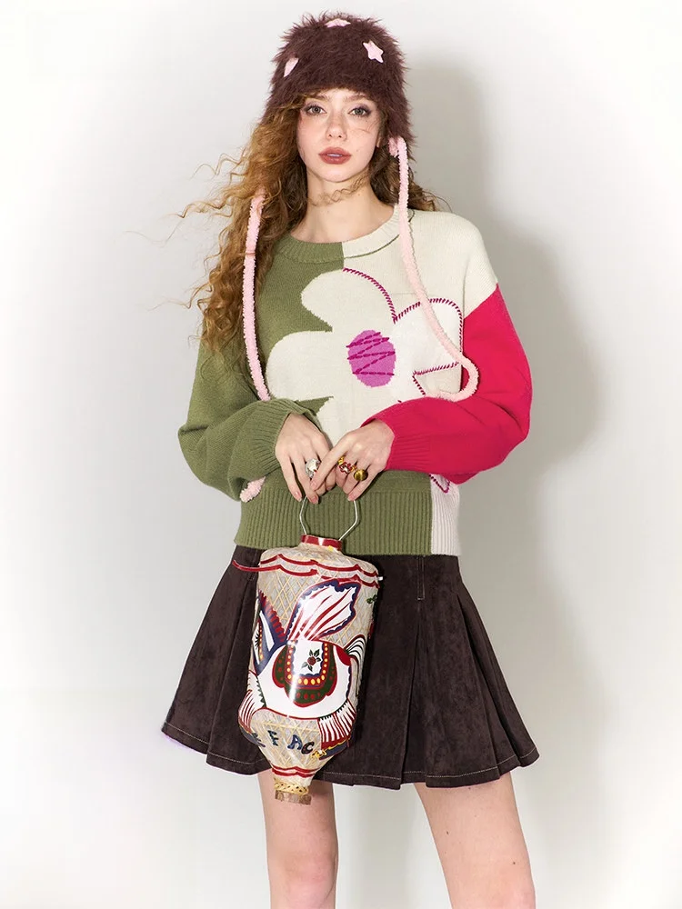 

Sweet Sle Floral Embroidery Color Blo Women's Overhead Sweater Elf Sa Brand Loose Fit Long Sve round Ne Regular Le...