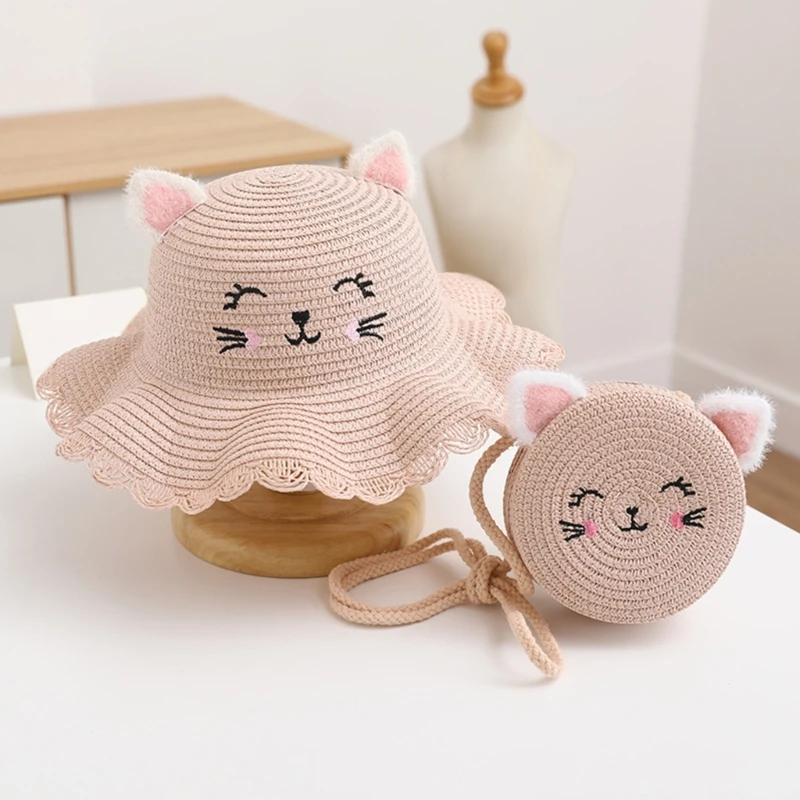 Children\'s Summer Straw Hat, Girls\' Cute Smile, Wavy Cat\'s Ears Steamed Cat-ear Shaped Bread Straw Hat Matching Bag