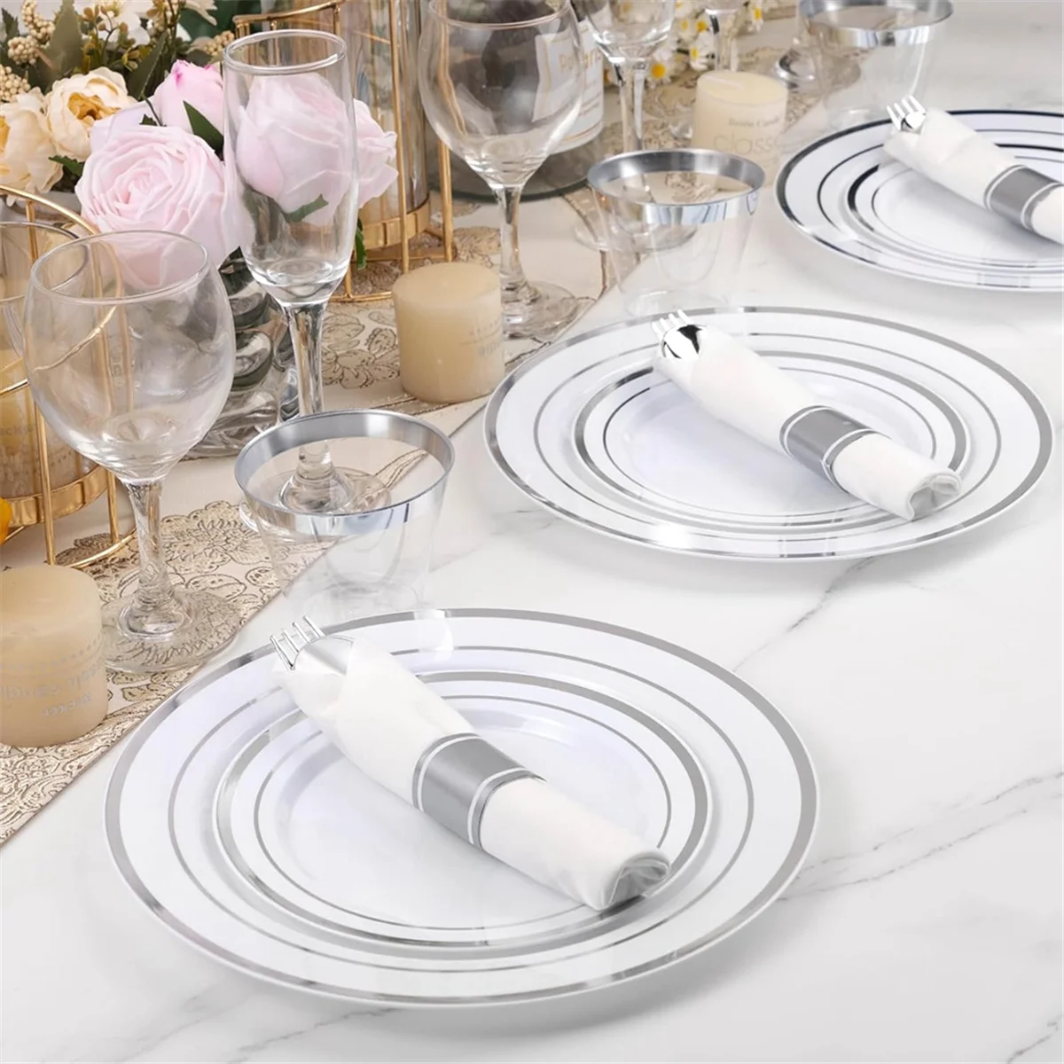 Pre Rolled Silver Plastic Silverware Set,Pre Rolled Napkins with Silver Cutlery Set for Party,Birthday Silver