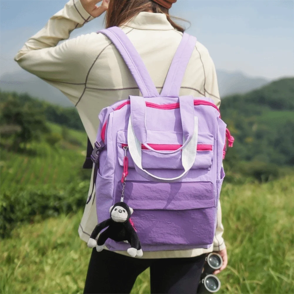 Large Capacity Dopamine Backpack Waterproof Monkey Pendant Color Block Backpack Breathable Minimalist Lightweight School Bag