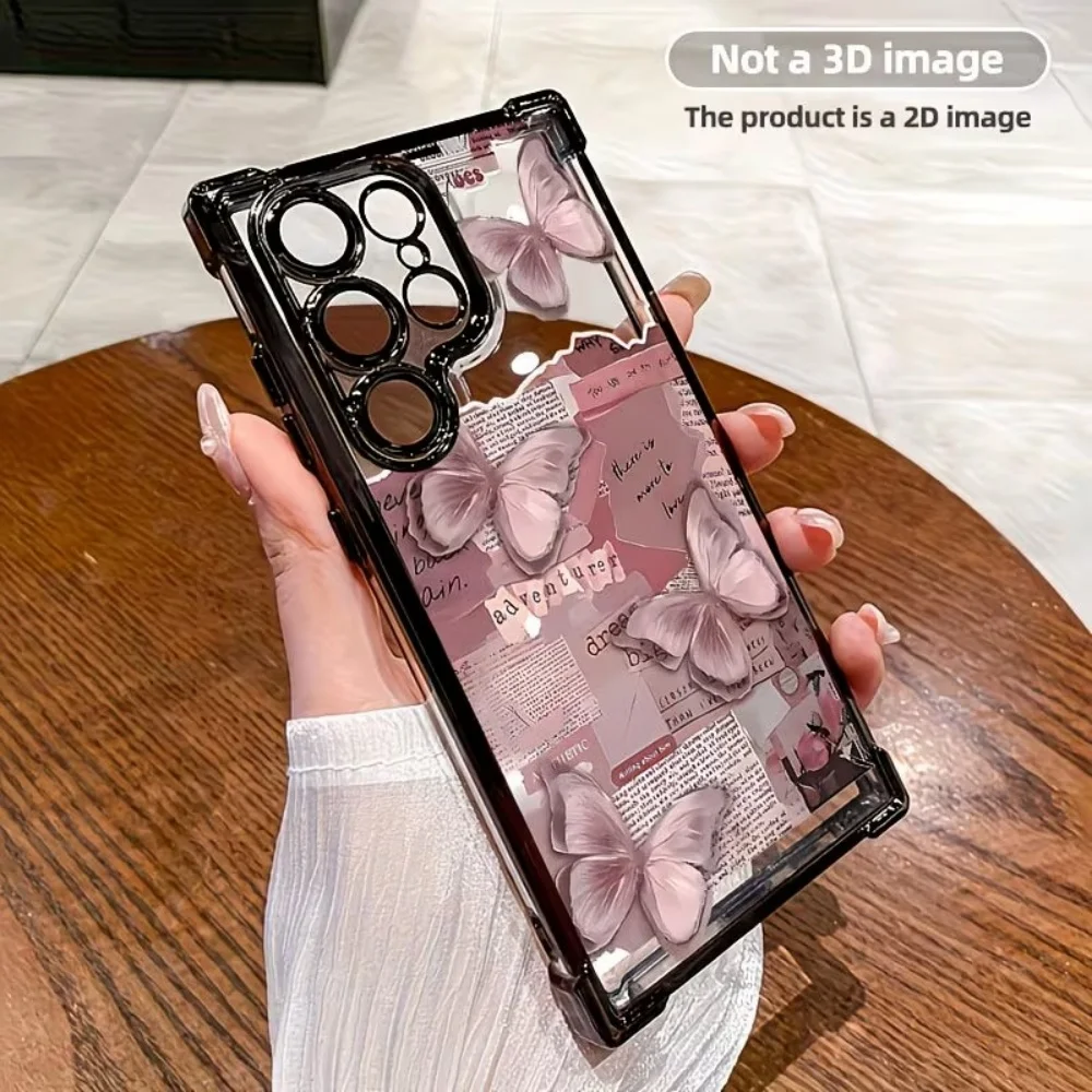 Ins Aesthetic Butterfly Newspaper Print Phone Case For Samsung S26 S25 S24 S23 S22 S21 Ultra Plus FE Anti-drop Clear TPU Cover