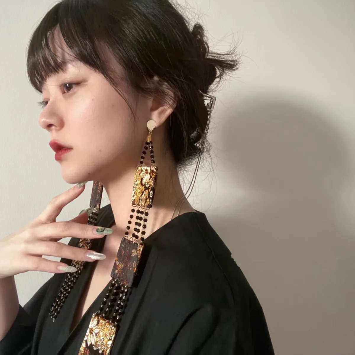 Silk Beaded Curtain Chain Tassel Retro Style Hanfu Dark New Chinese Style Earrings