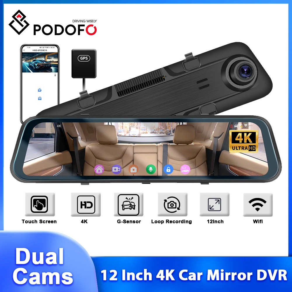 

Автомобильный зеркальный видеорегистратор Podofo, автомобильная камера 12 дюймов с двумя объективами, Wi-Fi, 4K, GPS, G-сенсором, ADAS, BSD, ночным видением, монитором парковки, циклической записью