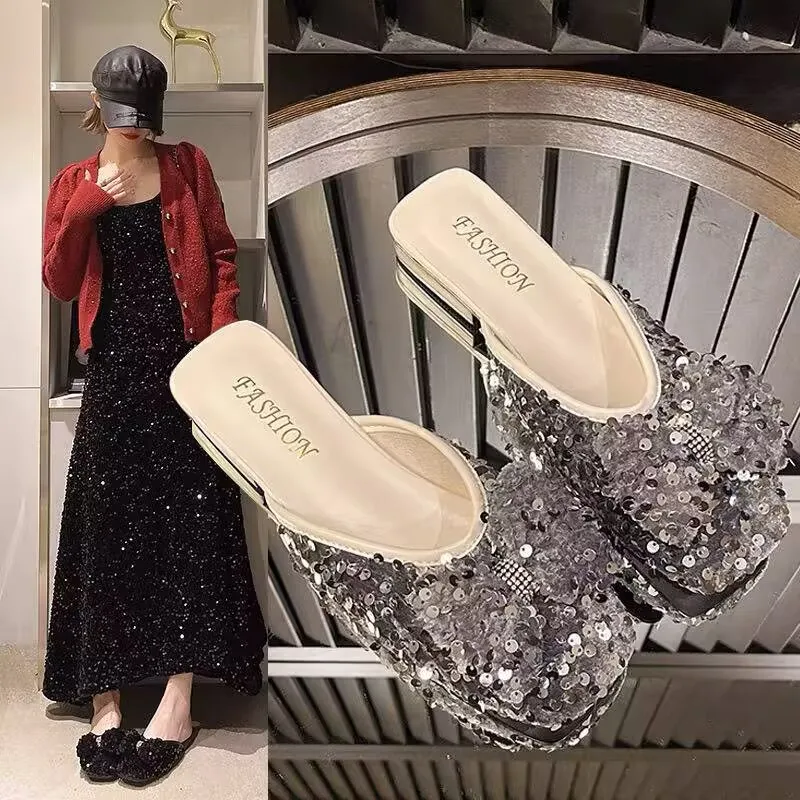 Sequins Slippers 2024 New Summer Women Sweet Butterfly-knot Flat Female Bling Leisure Holiday Sandals Flip-flops 35-40