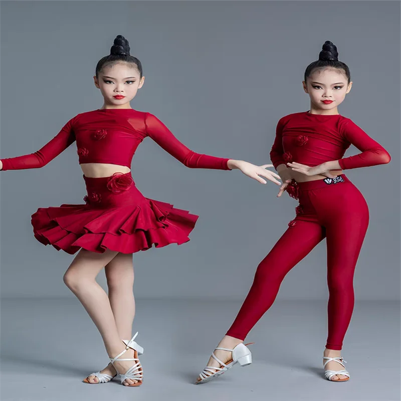 New Children\'s Latin Dance Dress Girls\' Dance Practice Dress Latin Dance Dress Long Sleeve Competition Split Dress Women\'s Perfo