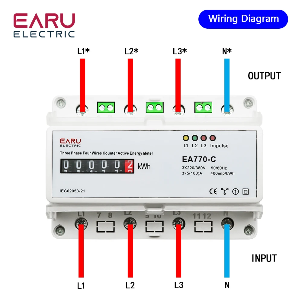 Three Phase Four Wires Eelectronic Active Energy Meter kWh Power Consumption Monitor DIN Rail 50/60Hz 3*5(100)A 50/60Hz  LCD LED