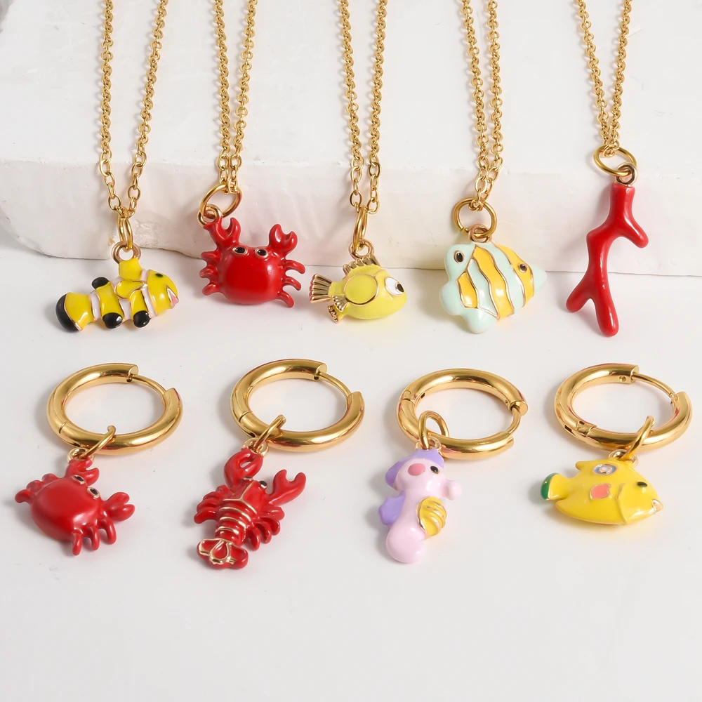 Cute 3D Simulate Marine Animal Necklace Earring Summer Beach Hippocampus Coral Lobster Crab Clownfish Jewelry Set Chic Gift
