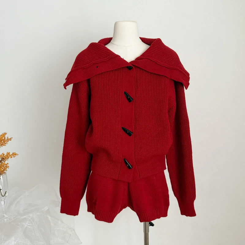 Korean Chic Women 2 Piece Outfits Sweater Lounge Loungewear Sets 2026 Winter Cable Knit Oversized Sweaters Shorts Matching Sets
