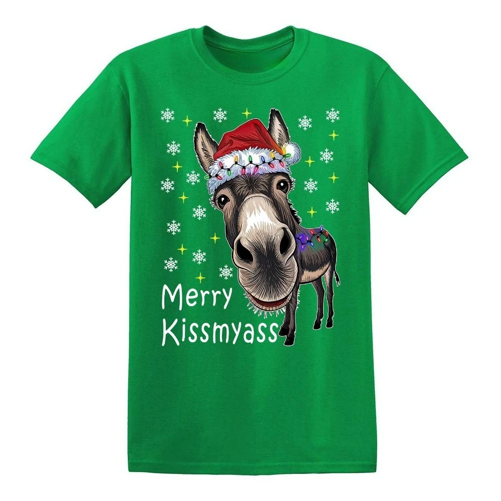 ميلاد سعيد KISSMYASS دونكي عيد الميلاد مضحك هدية الرجال عيد الميلاد التي شيرت نكتة المحملة قصيرة الأكمام عالية الجودة ملابس علوية من القطن الشارع الشهير