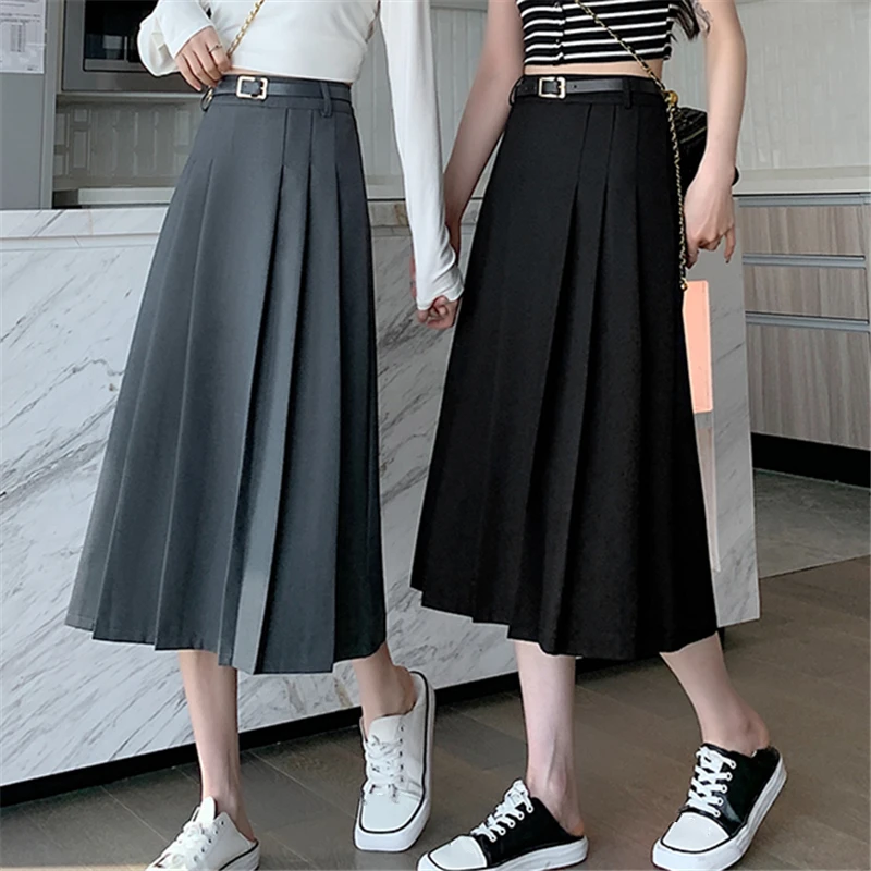 Seoulish Vintage Pleated Women's Suit Skirts with Belt Elegant Spring Summer Solid Color Office Lady Casual A-line Skirts Female
