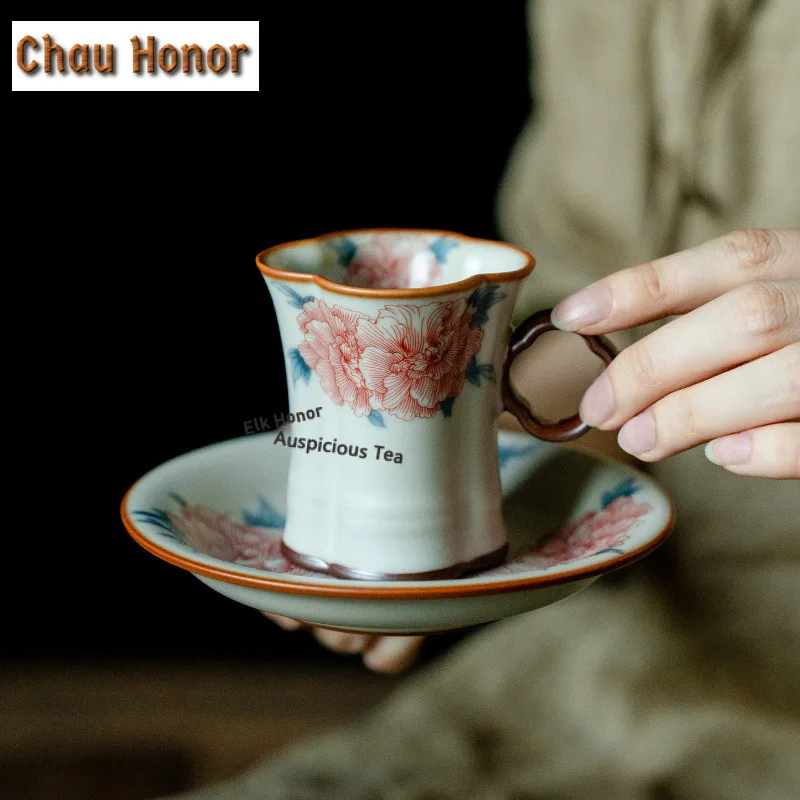 

90ml Ru Kiln Porcelain Hibiscus Coffee Mug With Plate Hot Chocolate Cup Afternoon Tea Mug Cup Saucer Kit Teaset Decoration Gift