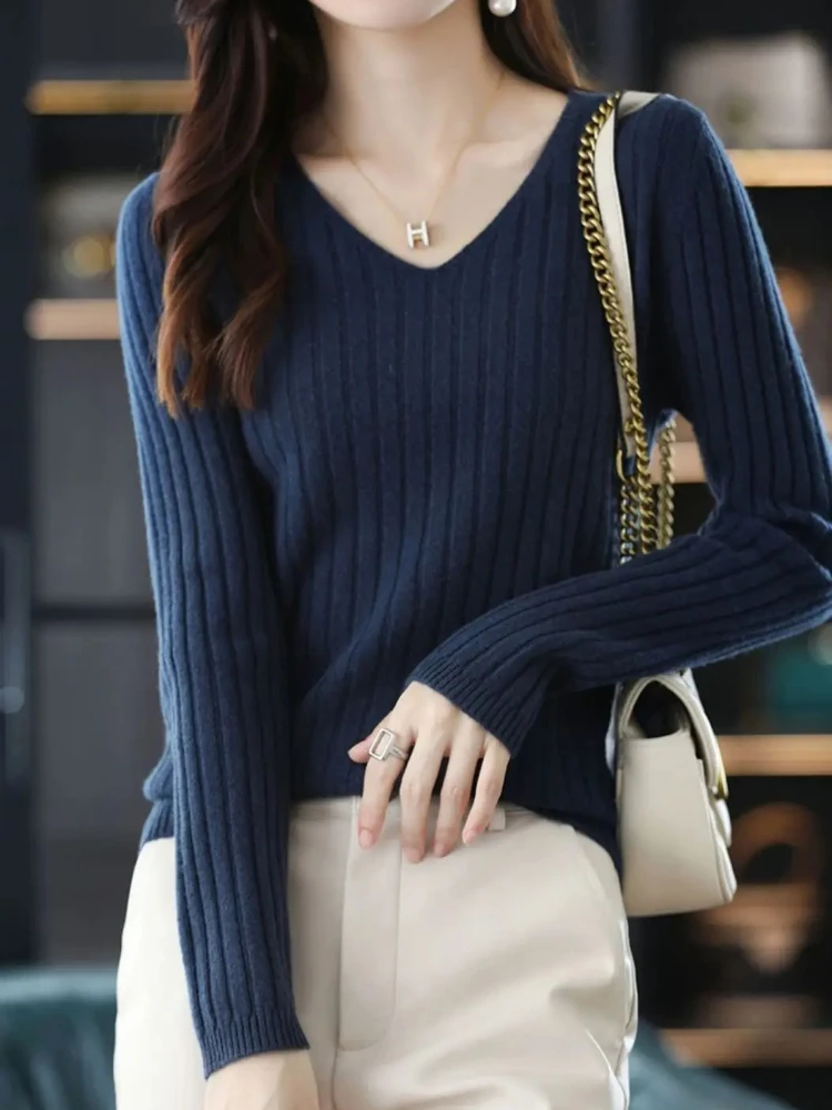 

2025 V-Neck Fashion Sweater Women Sweater Long Sleeve Top Knitted Pullover Woman Winter Basic Female Clothing Soild OL Sweaters