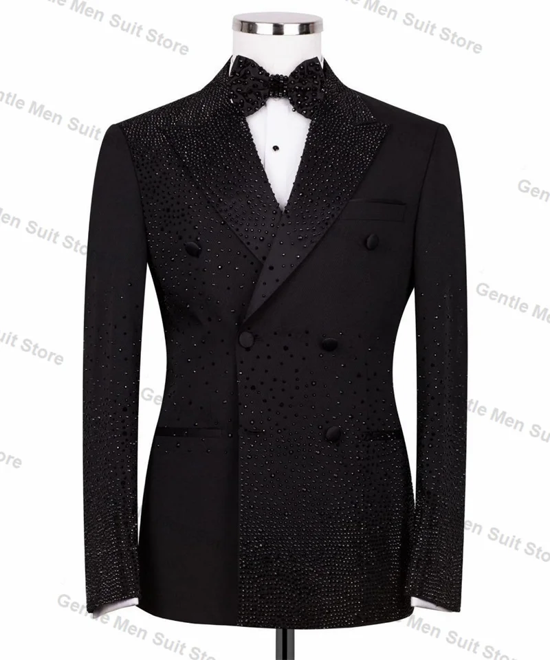 Schwarze Luxuskristalle Herrenanzüge 2-teiliger Blazer + Hose Hochzeit Smoking Herren-Abschlussballmantel Baumwolle Maßgeschneiderte formelle Bürojacke