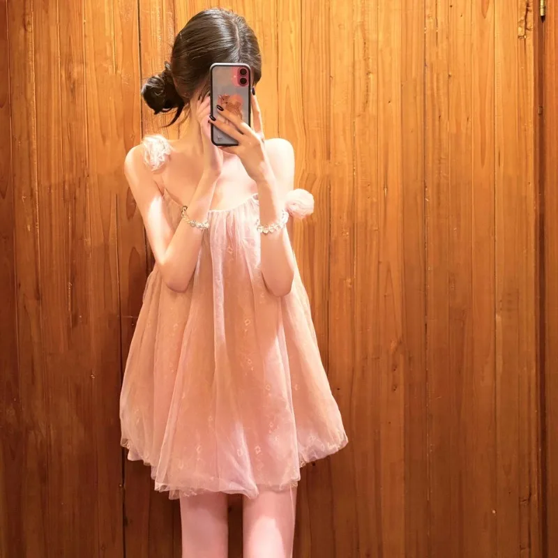 

Hot Girl Ballet Style A-line Short Dress Women's Summer Pure Sexy Style Flower Mesh Strap Dress Fashion Female Clothes