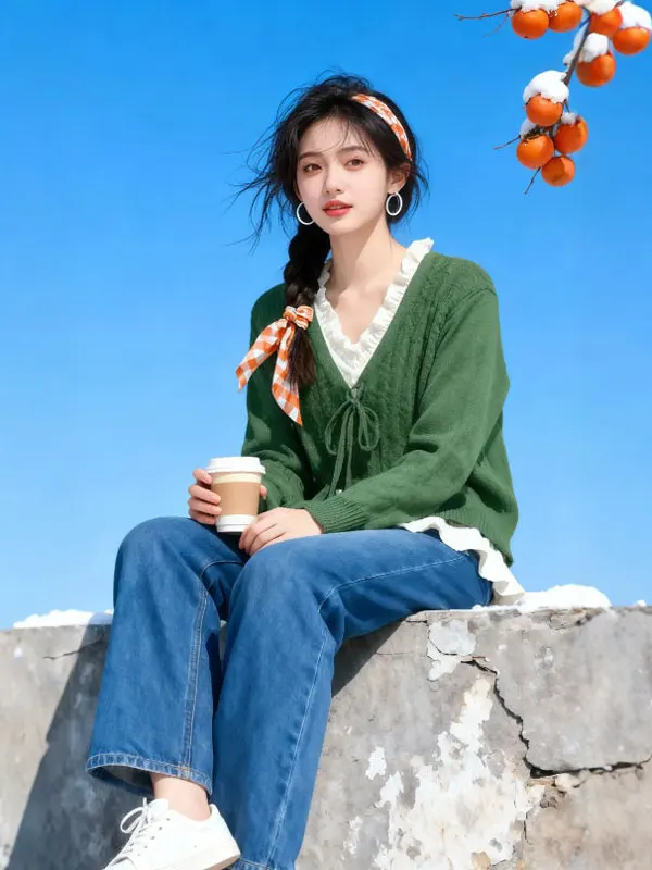 

Faionable V-ne Sweater Chic Wooden Design Sensation Trendy Two-piece Look Knitted Long Sve Soft Sle for Women