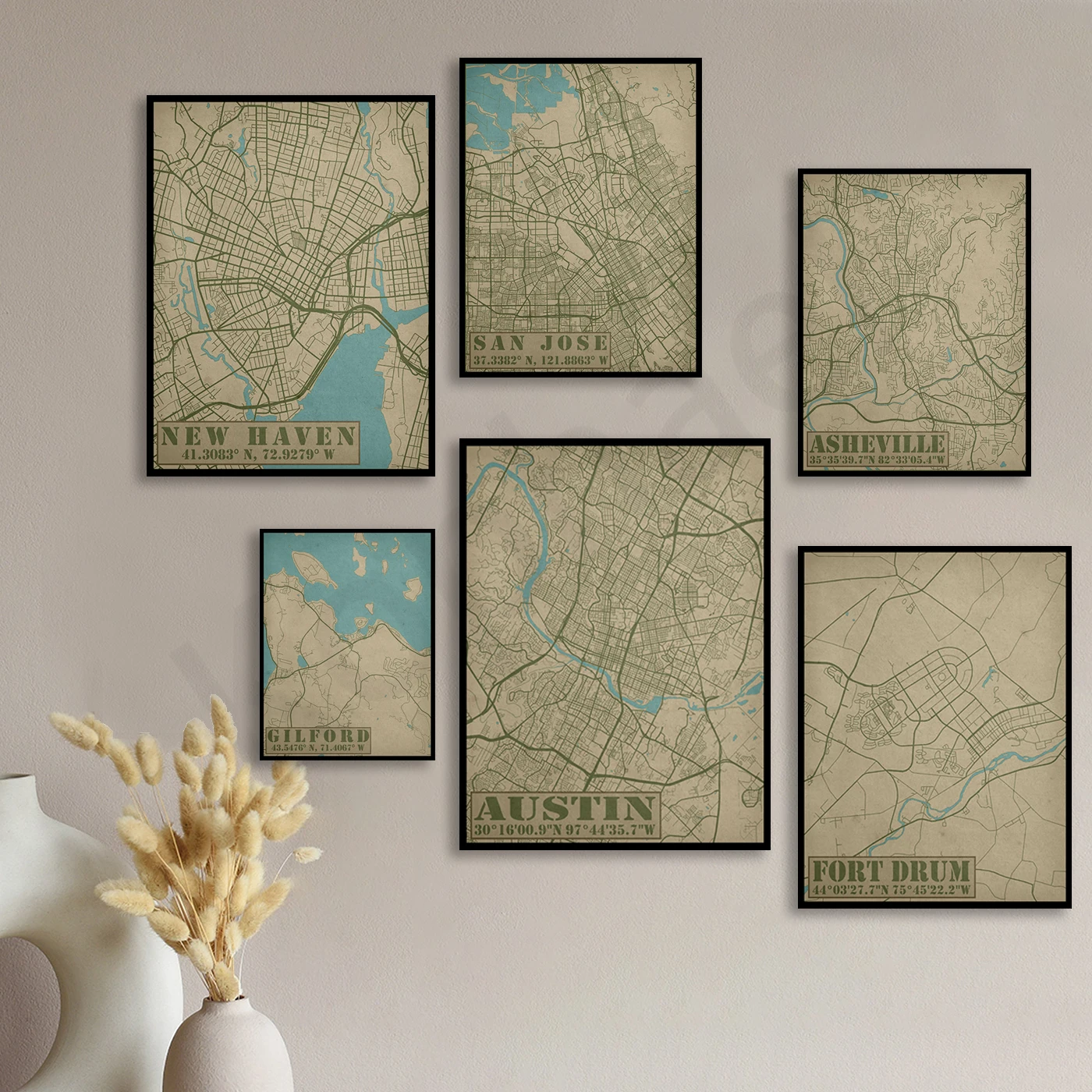 Austin Guilford Grand Island Spokane Asheville San Jose Rapid Kokomo Springfield New Haven. City Travel Map Poster