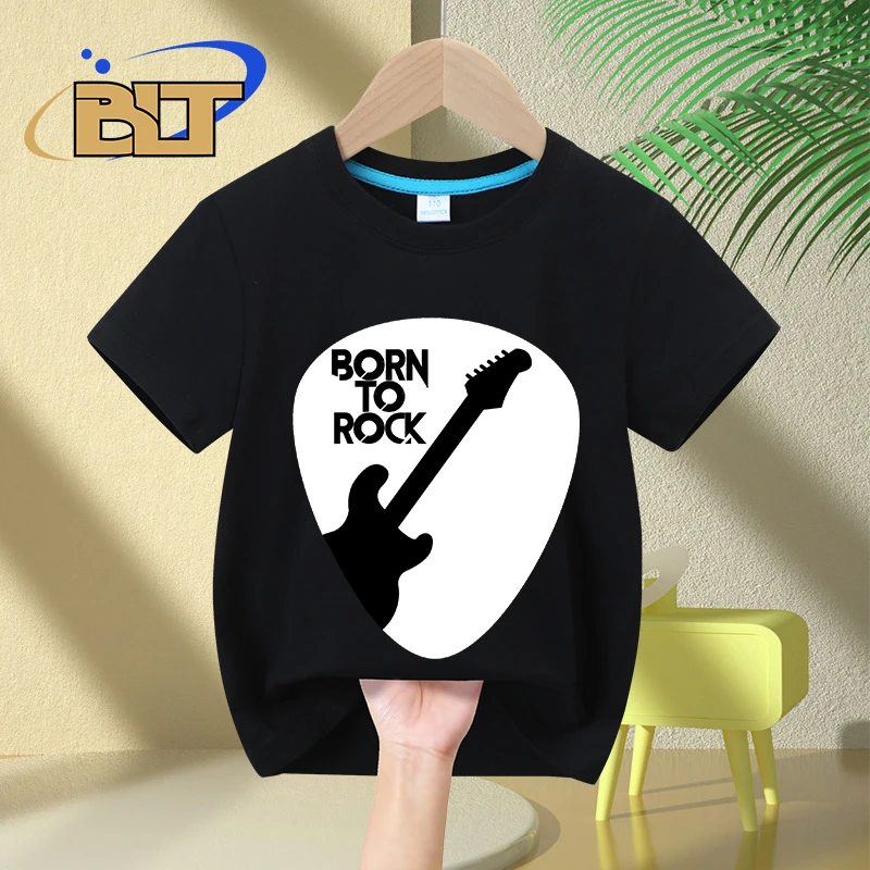 Guitar Born To Rock Printed Kids T-Shirt Summer Children\'s Cotton Short-Sleeved Casual Tops Boys and Girls Gifts