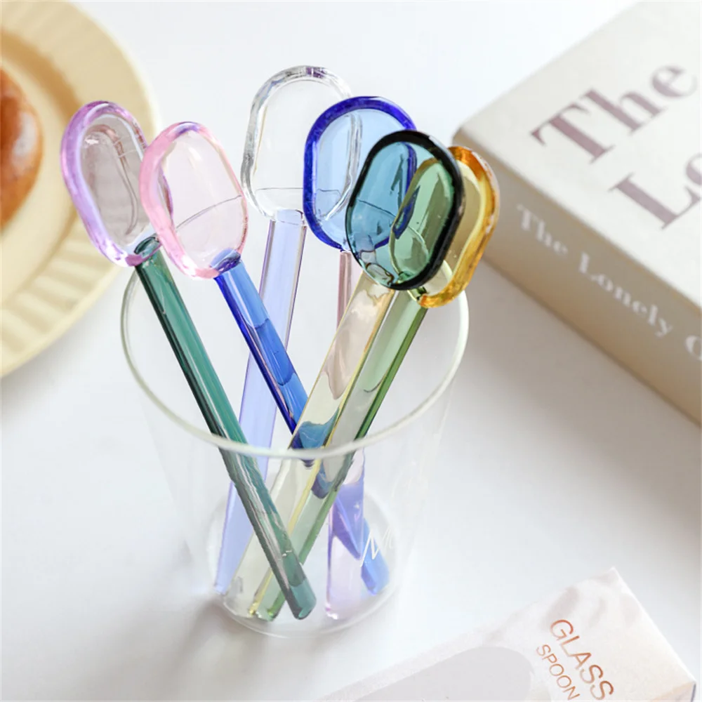 1pc Glass Dinnerware Mixing Spoons Tea Dessert Coffee Ice Cream Bar Kitchen Tools New Long Handle Oval Head Milk Yogurt Scoops