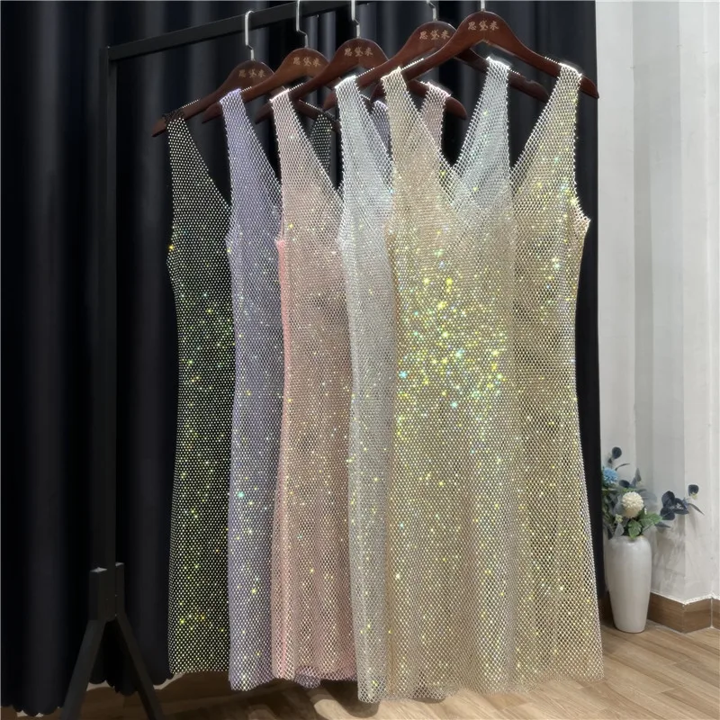 

See-through Nightclub New Mesh Diamond Rhinestone Double V-neck Sexy Undershirt Middle Prom Party Small Dress