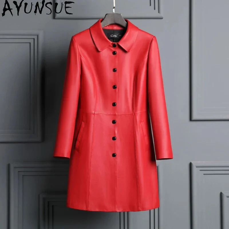 

Genuine AYUNSUE Leather Jacket Women 2024 Autumn Winter Mid-length Real Sheepskin Coat Solid Color Chaqueta De Cuero Mujer