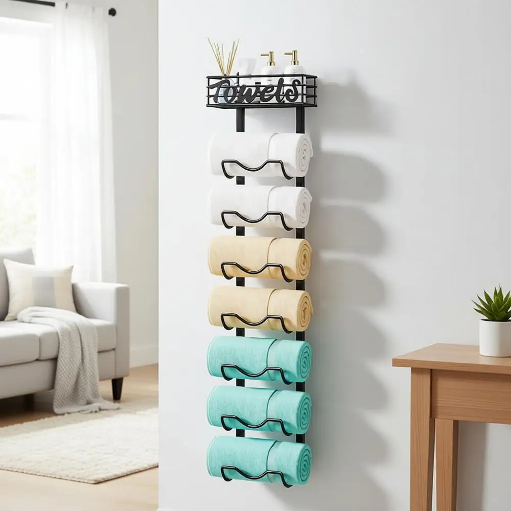 

8-уровневый настенный держатель для рулонных полотенец с корзиной для хранения для небольших помещений, автодомов и кемперов - черный