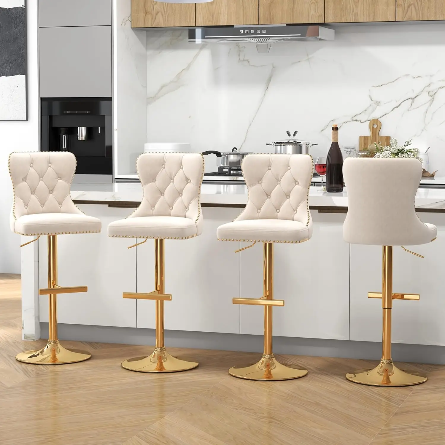 Juego de 4 Taburetes de Bar Giratorios de Terciopelo con Respaldo Acolchado y Tachuelas, Base Dorada, para Cocina o Bar, Personalizables