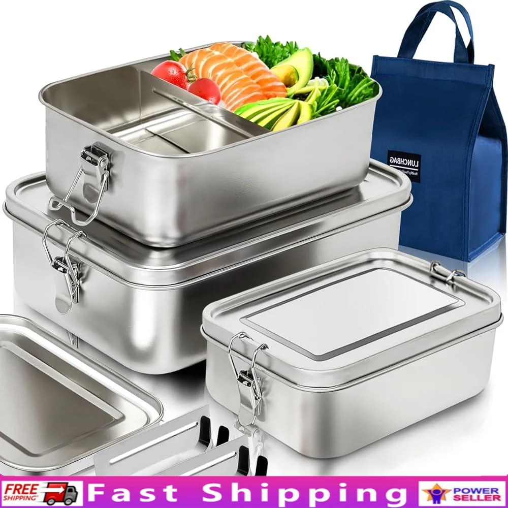 

Stainless Steel Bento Box Set 3 Pack Leak Proof Food Containers Food Grade Insulated Lunch Bag Portable Storage Ideal Home Work