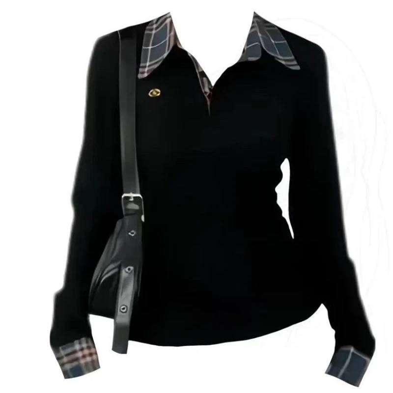 Polo Long Sleeve T-shirt Women Plaid Patchwork Top Spring Autumn Clothing Korean Style Women's Shirt Black Red Khaki Outfit 2025