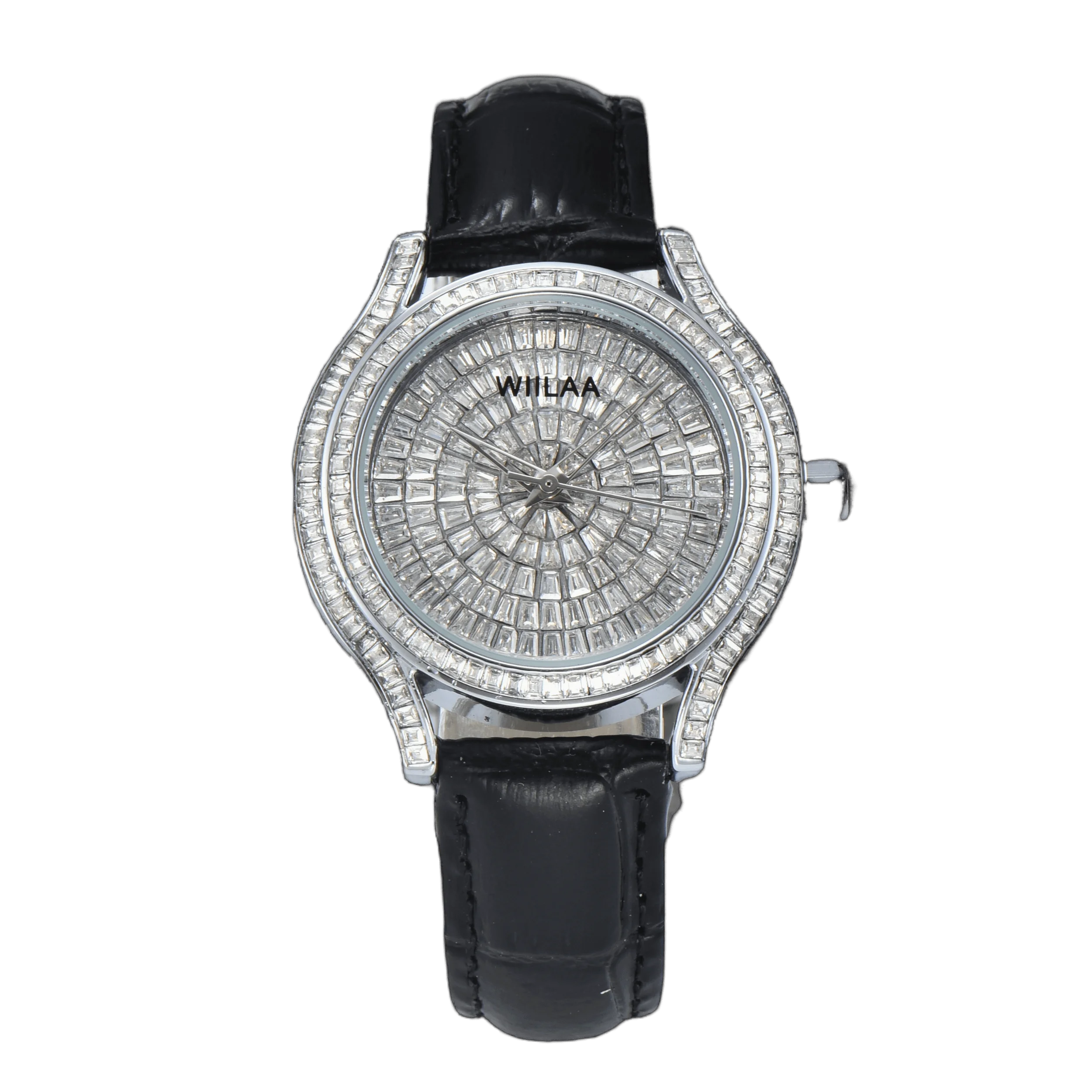 

Женские роскошные кварцевые часы WIILAA с кристаллами - циферблат с полным багетным паве из страз, черный кожаный ремешок, модные наручные часы для женщин
