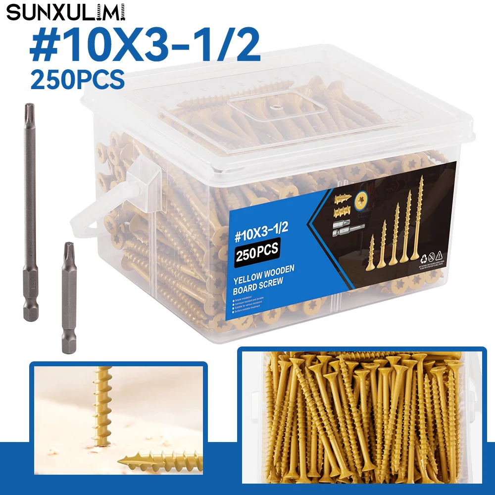 250 #10 x 3-1/2 wood screws, rust-resistant structural screws, brown exterior fence screws, Torx-drive screws, and two T25 drill