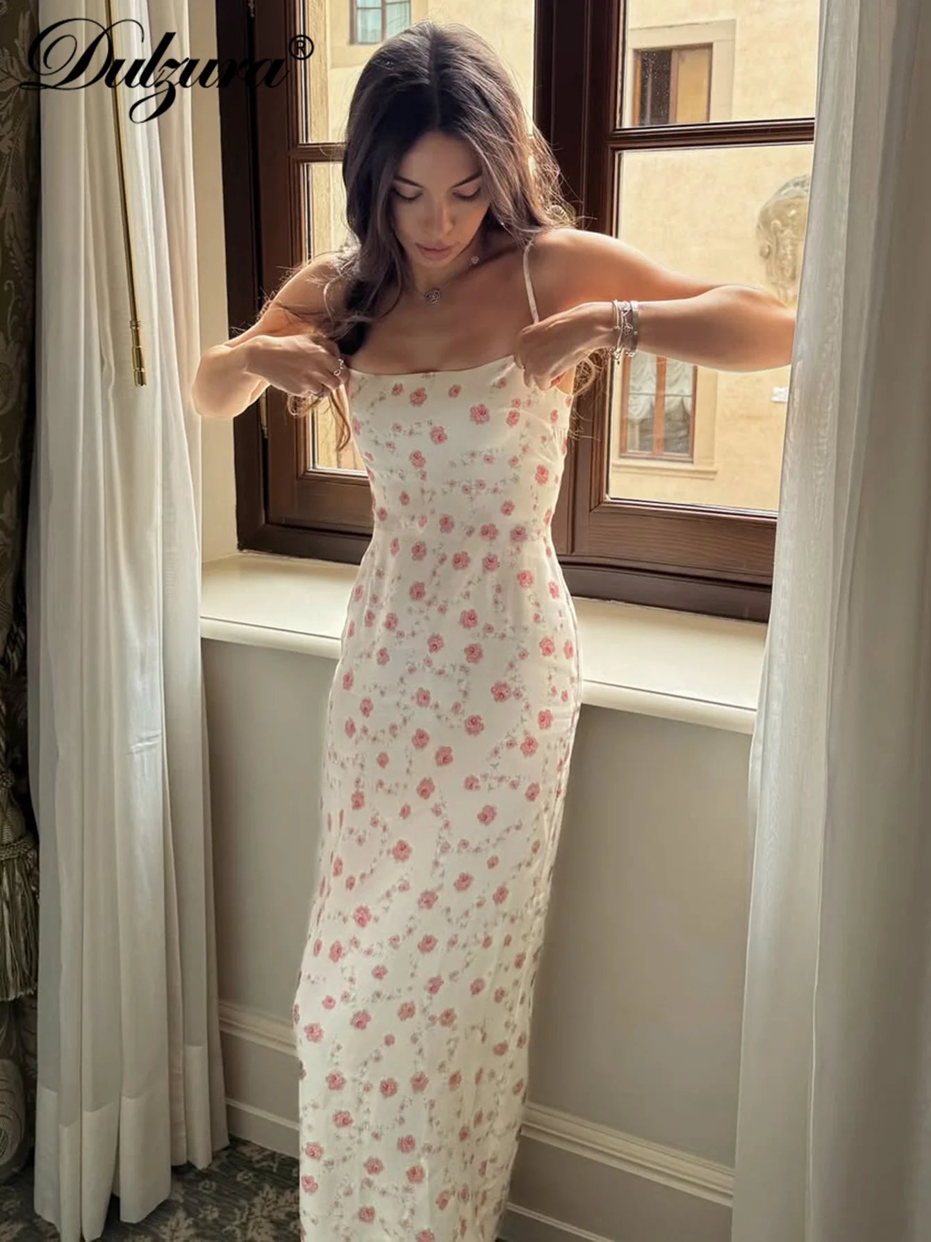 Dulzura Bez Rękawów Bez Pleców Wąska Sukienka na Ramiączkach z Kwiatowym Nadrukiem, Długa Sukienka Sexy Elegancka Codzienna Sukienka na Imprezę Klub Uliczne Letnie Ubrania