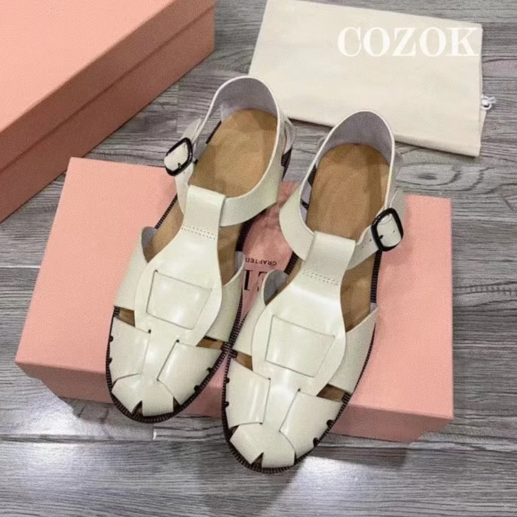 Women Sandals Genuine Leather Retro Flat Mary Jane Elegant Summer Slippers Outside Cross Tied Female Slides 2024 Fashion Sandals