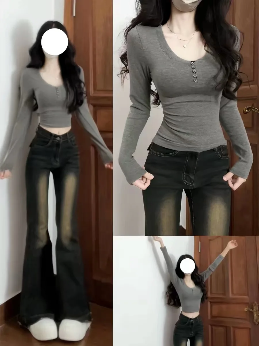 Slim Fit Micro Flare Jeans for Big Kids Girls Student Rock Grey Spring Summer New Style High Waist Zipper Closure Casual Denim