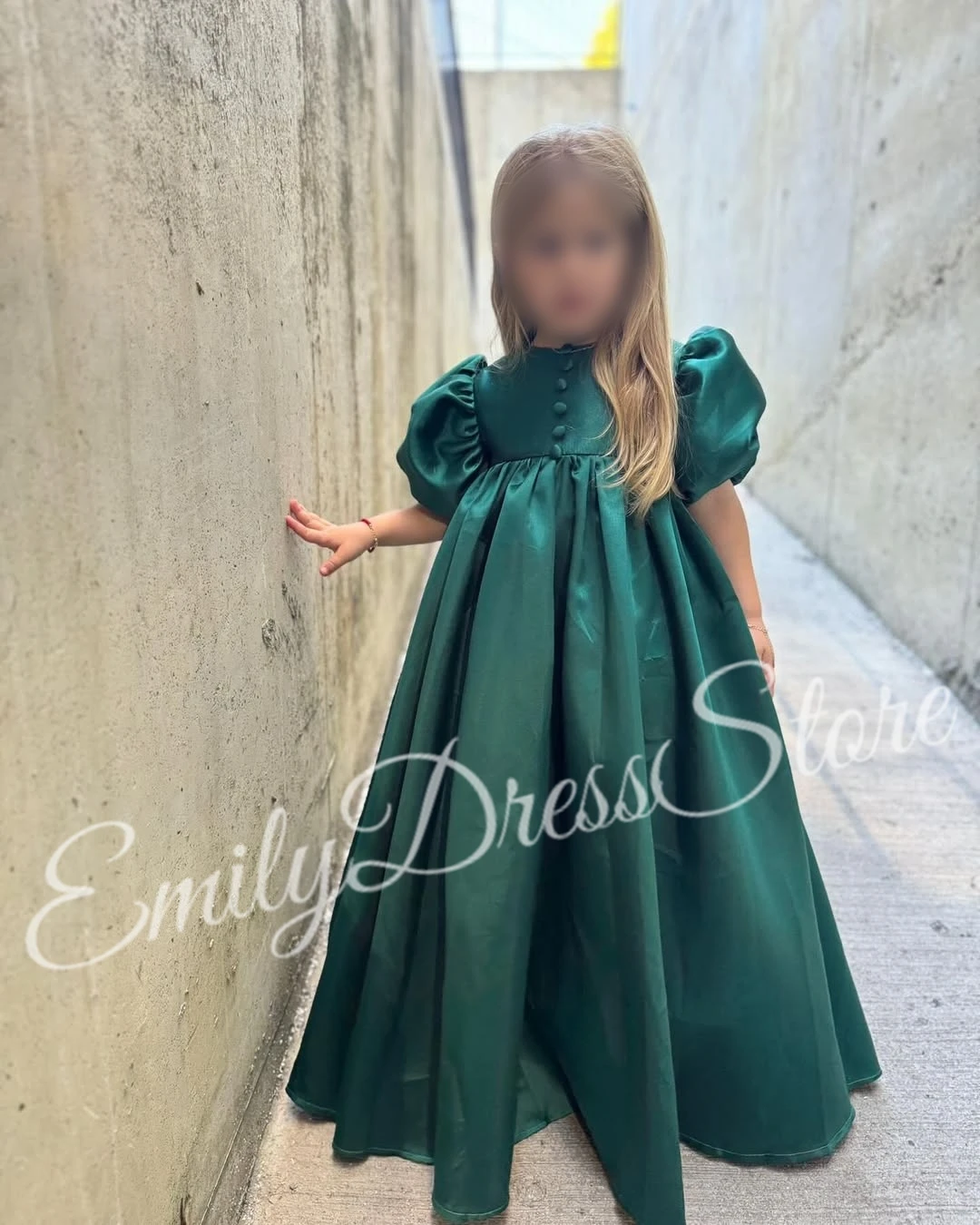 Customized Green Flower Girl Dress For Wedding Short Sleeves Puffy Satin Floor Length Baby Kids Birthday First Communion Gown