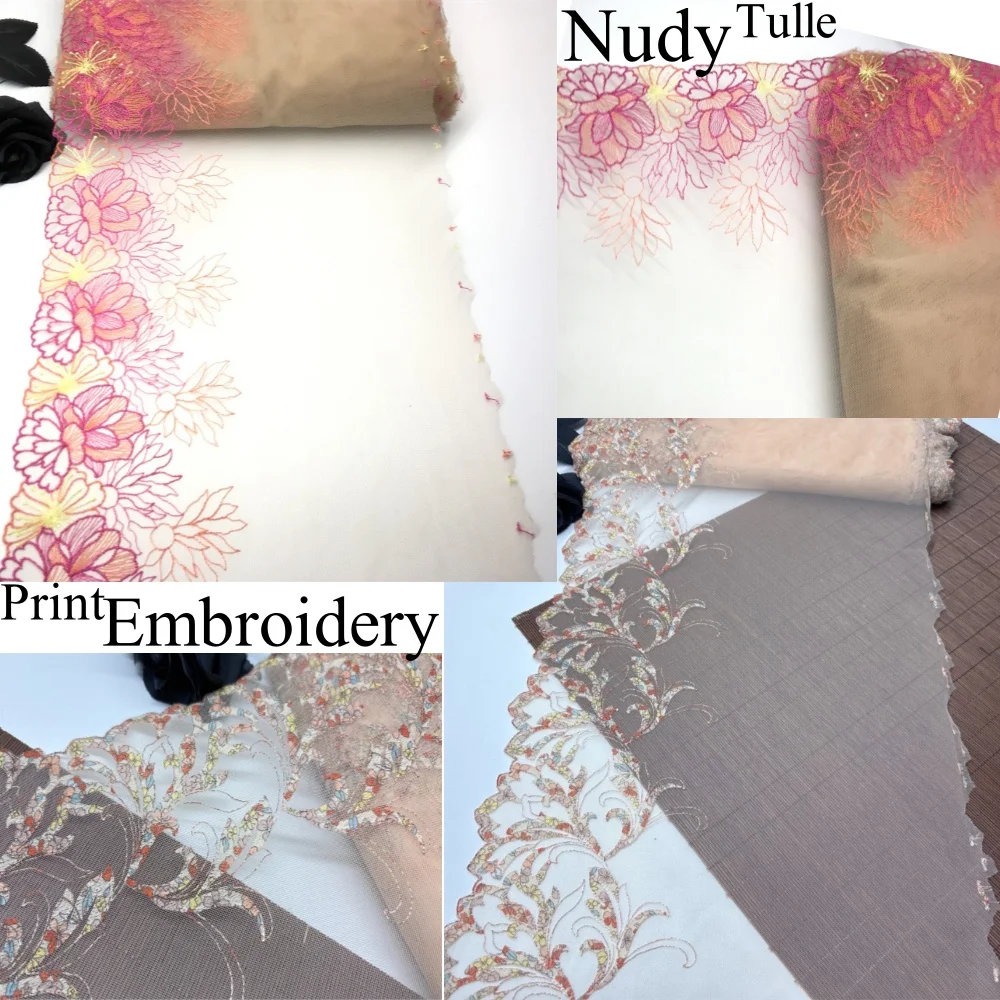 Two-Tone Embroidery Tulle Lace Trim DIY Accessories Nude Skin Color Non-Stretch Grid Mesh Lace Fabrics for Lingerie Sewing Craft