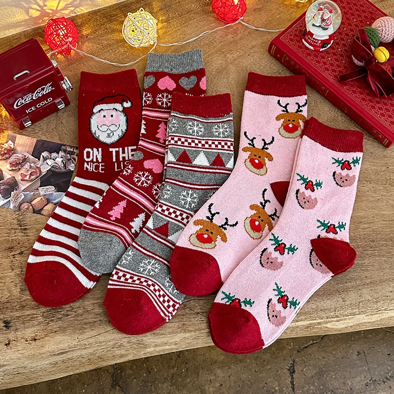 

New Christmas Cartoon Cute Warm Women Middle Socks New Year Hosiery Socks 5pcs Set