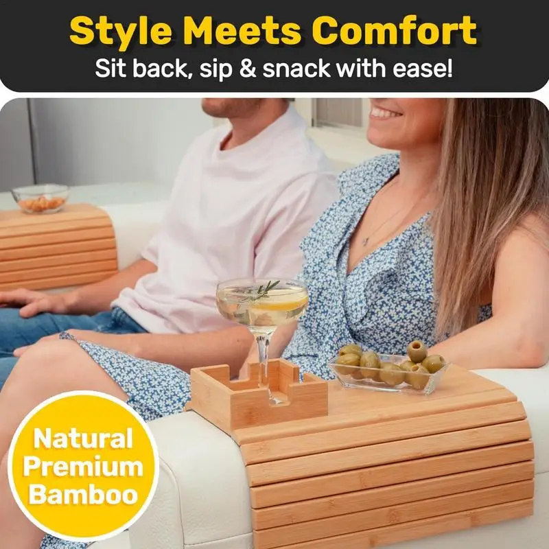 Couch Cup Holder Natural Anti-Slip Wooden Sofa Armrest Tray Foldable Multifunctional Sofa Cup Holder Drink Coaster Organizer