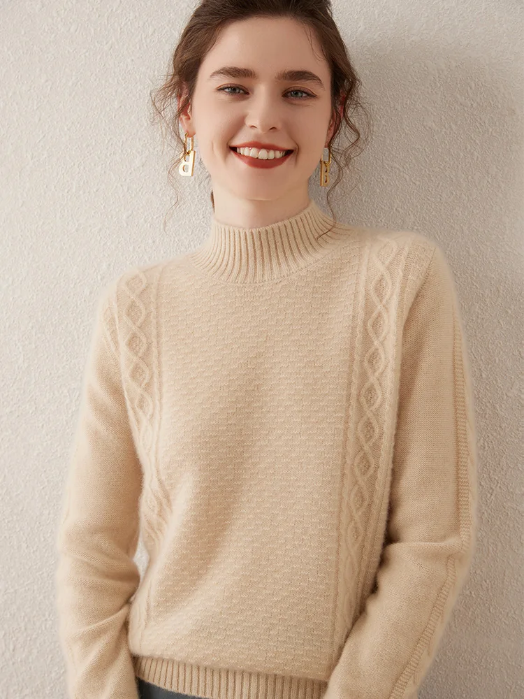 

Elegant Women's Soft Warm Thick Mock Neck Pullover 100% Cashmere Sweater Cable Stitch Autumn Winter Casual Loose Clothing Tops