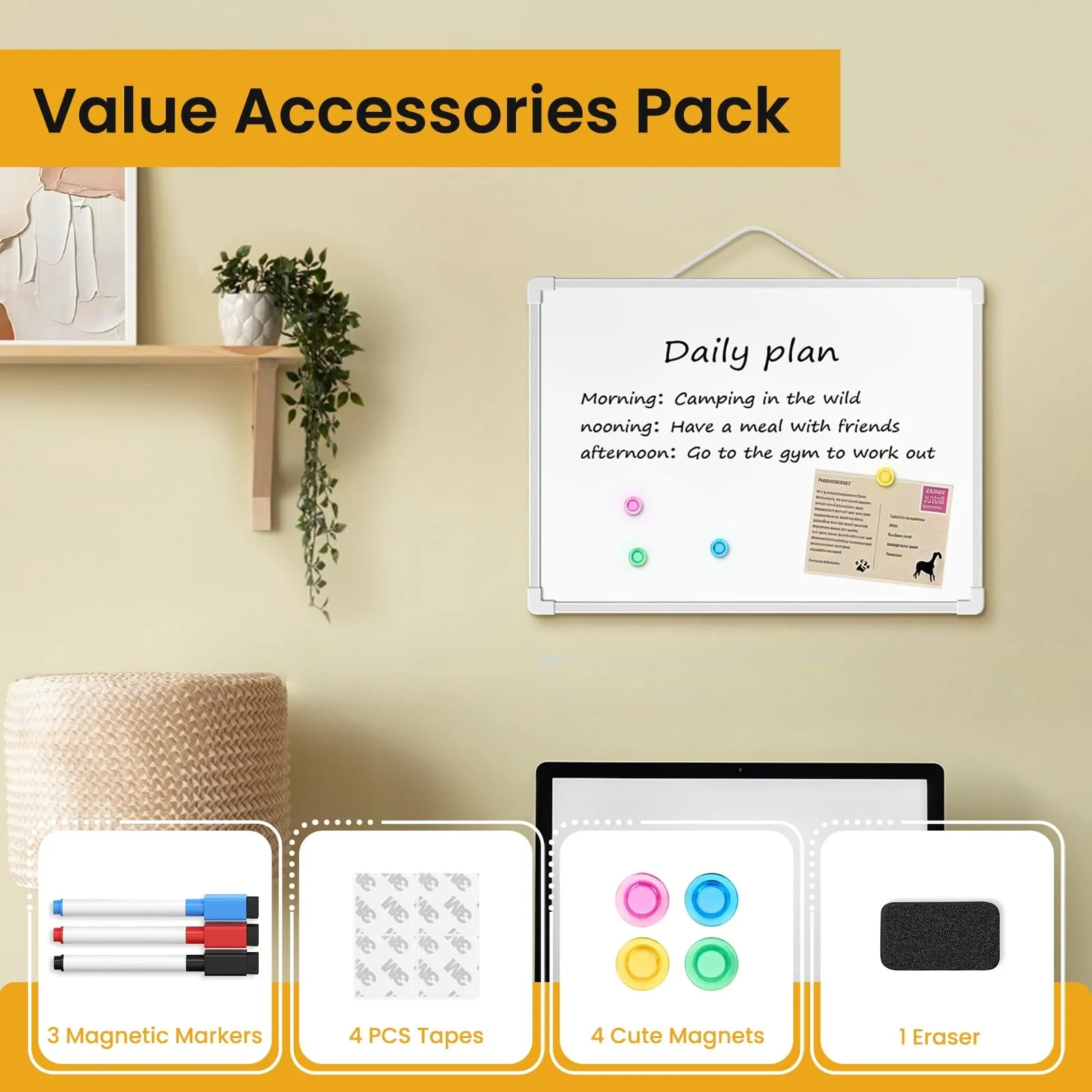 Klein droog uitwisbaar bord voor aan de muur, 15,7" x 11,8" dubbelzijdig klein whiteboard, droog uitwisbaar witbord met 3 markeringen en 4 magneten, P