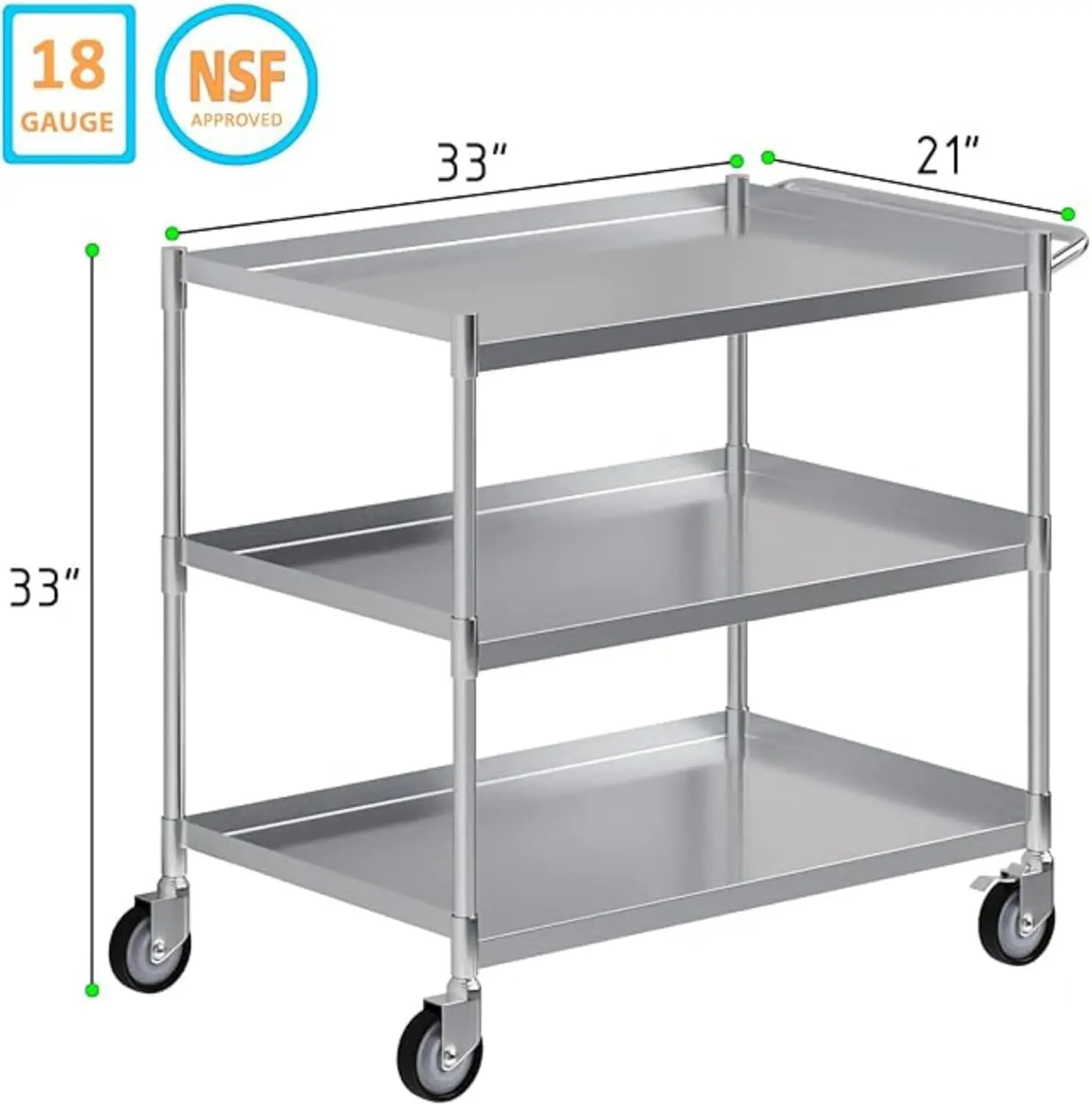 3 Shelf Stainless Steel Tubular Utility Cart | Metal Utility Cart On Wheels With Handle | Nsf Certified | (21