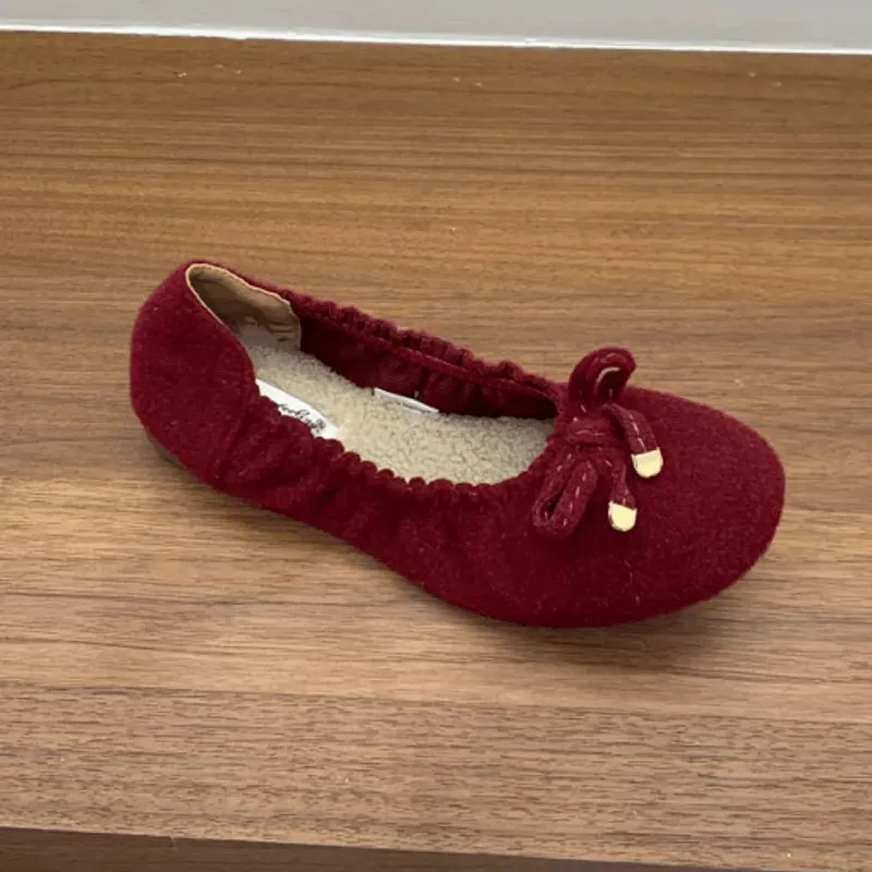 Neue Winter-Herbst-Ballerinas mit Fell, warme, weiche, modische Damenschuhe mit runder Spitze, Schmetterlingsknoten, Damen-Ballerinas mit Plüschfutter – Detail 6