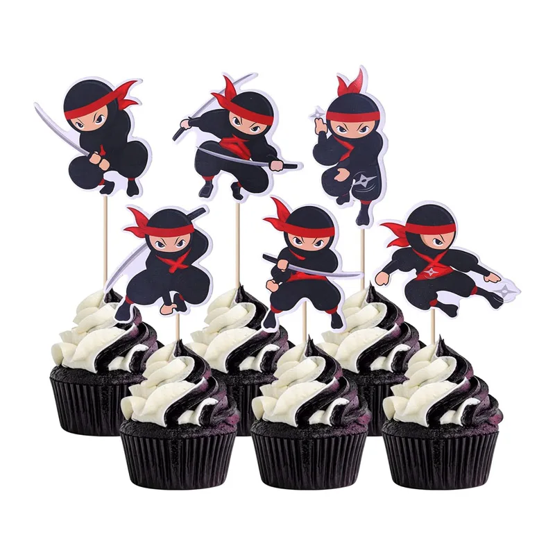 24 Pièces Toppers Cupcakes Ninja Warrior - Décorations Gâteau Anniversaire Thème Ninja Pour Enfants