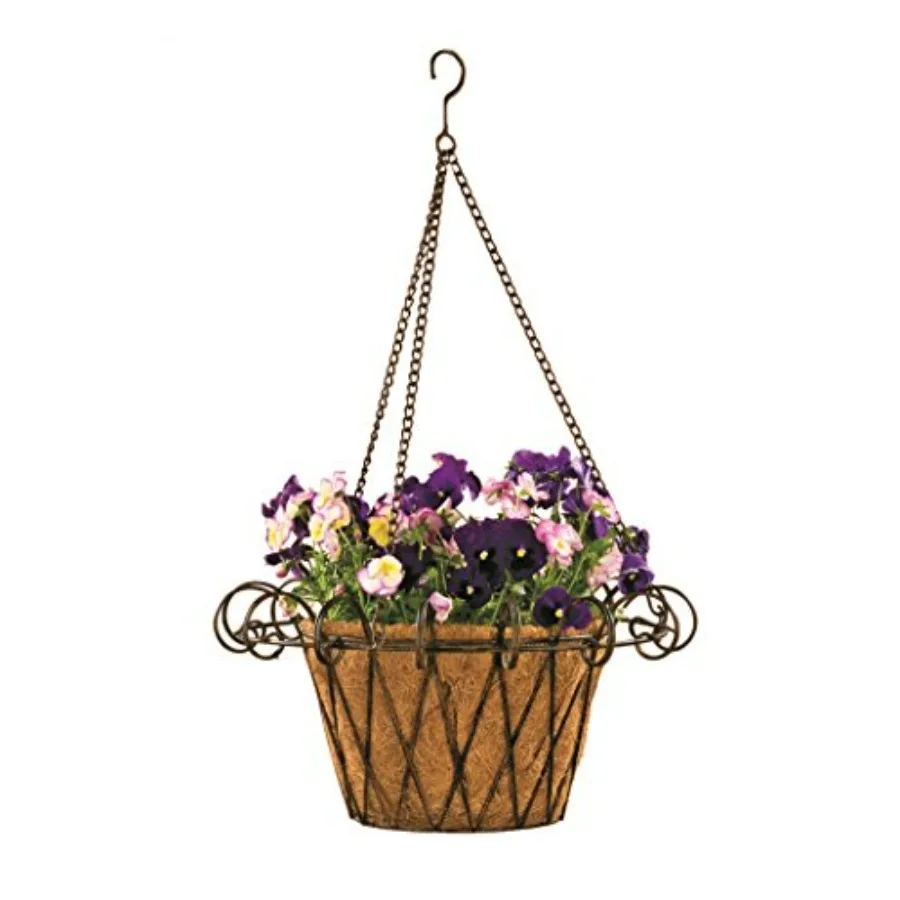 French Hanging Basket for outdoor use, coco liner, Natural Patina finish, 17 diameter, rust-resistant metal construction