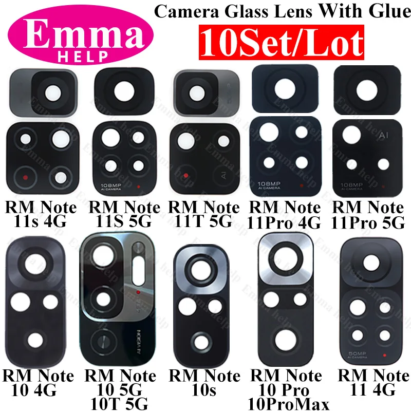 Emmahelp 10Set Back Camera Glass Lens Rear For Xiaomi Redmi Note 11 12 Pro 12s 11s 11T With Glue Adhesive Sticker Repalcement