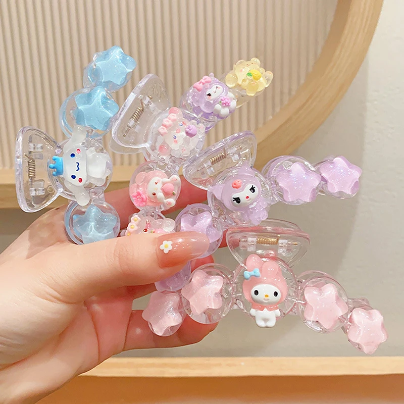 New Kawaii Melody Kuromi Hair Clip Fine Flash Transparent Cartoon Shark Clip Girl Heart Ponytail Hairpins Anime Hair Accessories