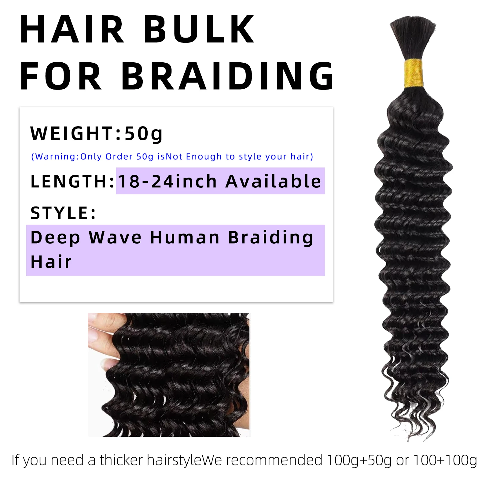 Braiding Hair Deep Wave Bulk Human Hair for Braiding No Weft Bundle 100g 2 Bundles/Pack 16A Brazilian Virgin Water Curly 20 Inch