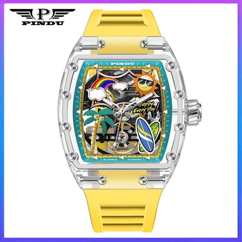 PINDU الأصلي الصيف الشاطئ موضة الرجال الساعات سيليكون حزام مقاوم للماء مضيئة الإبداعية الهاتفي العلامة التجارية الأعلى ساعة ميكانيكية الرجال