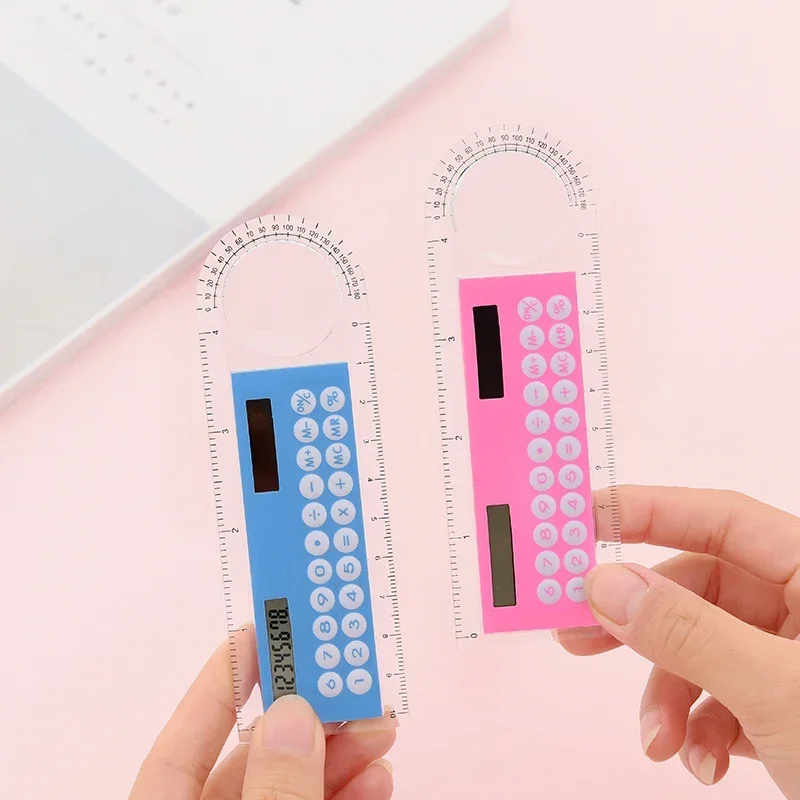 3 in 1 Mini Arithmetic Ruler with Solar Energy Calculator Magnifier Function School Stationery Measuring Drawing Tools Supplies